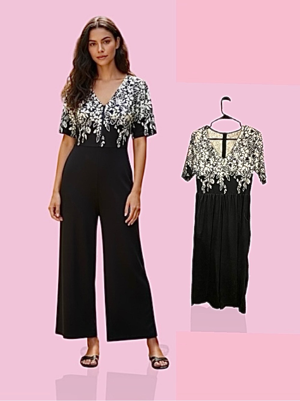 Black & White Floral V-Neck Wide-Leg Jumpsuit. Length is 49. Pit2pit Pit 17 1/2.